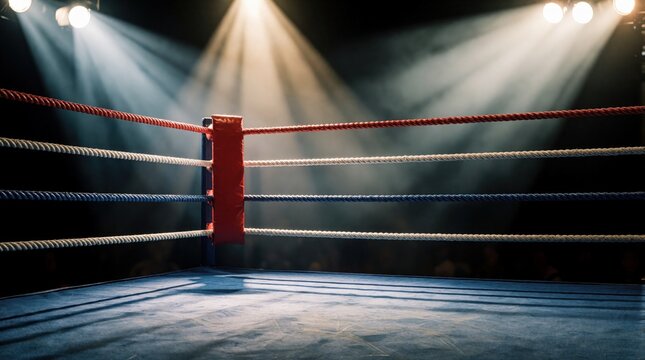 Empty boxing ring corner with red, blue ropes under bright spotlight. Dark arena background with smoke, volumetric light effects. Dramatic atmosphere for combat sports competition, championship