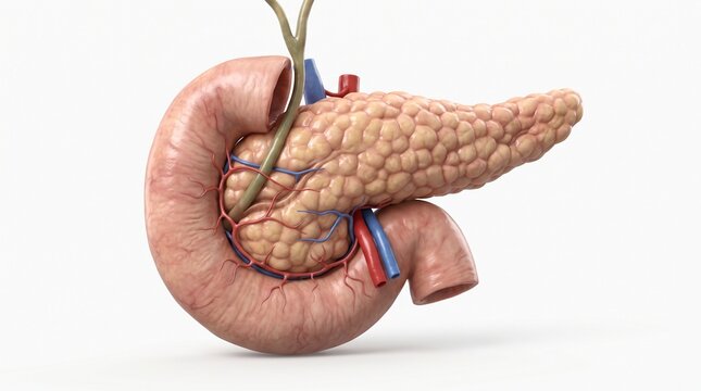 Medical illustration of the human pancreas and duodenum with human anatomy digestive system internal organs human body