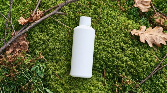A white plastic bottle lying on a vibrant green mossy forest floor with fallen autumn oak leaves