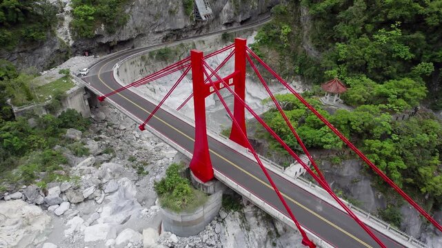 Taiwan&rsquo;s Narrow Taroko Gorge Opens Beyond Cimu Bridge In An Aerial Tracking Shot