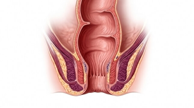 Educational medical model of the human rectum and anal canal showing muscular structure with physiology sphincter biological