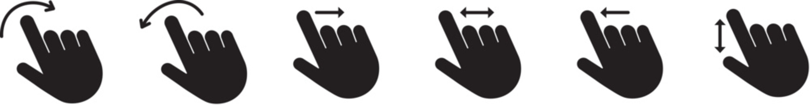 Outline and solid touch gesture hand swipe and scroll icon set, UI and UX vector graphic collection. Vector icon set of swipe and scroll gestures with hand cursors. Hand finger gesture icon set, slide