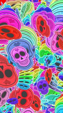 Seamless vertical video of a mexican skulls stickers. Funny Halloween background with cartoon effect