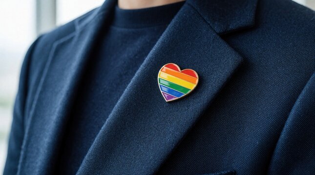 Person wears smart navy jacket with rainbow heart pin. This symbol represents pride diversity and equality in workplace. Subtle pro awareness.