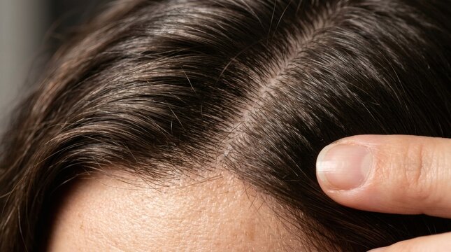 Close up of human scalp showing dark hair and skin condition