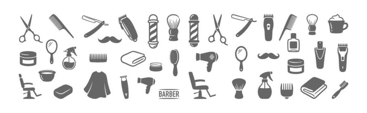 A collection of monochrome barber shop tools and accessories for professional hair and beard care