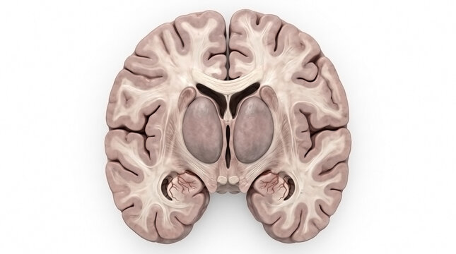 Coronal section view of the human brain highlighting internal anatomical structures with brain anatomy brain slice medical educa
