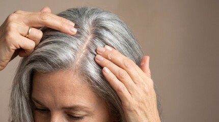 Fototapeta premium Senior woman applying cosmetic serum to gray hair roots and scalp