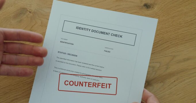 Person slides an identity document check into view from the side, revealing a counterfeit warning and failed authenticity verification.