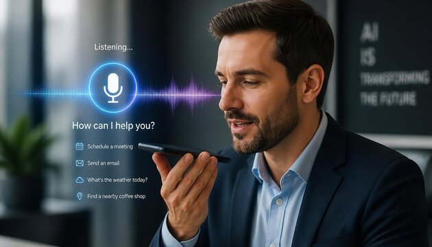 Professional businessman speaking into a smartphone using an advanced artificial intelligence voice recognition assistant for efficient daily office task management