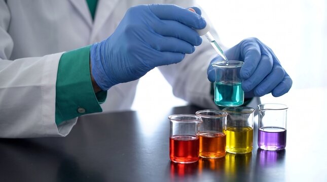 chemical solution titration and liquid sampling. laboratory researcher in blue gloves using glass dropper to dispense reagent into beaker. precision analytical chemistry workflow.

