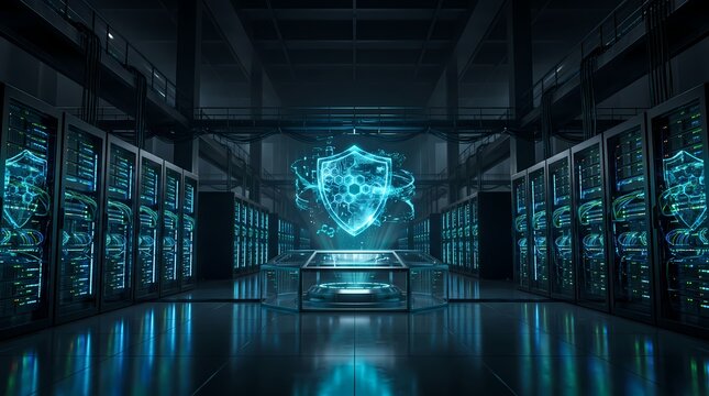 Data center cybersecurity concept with glowing digital shield hologram inside server room for cloud security and network protection