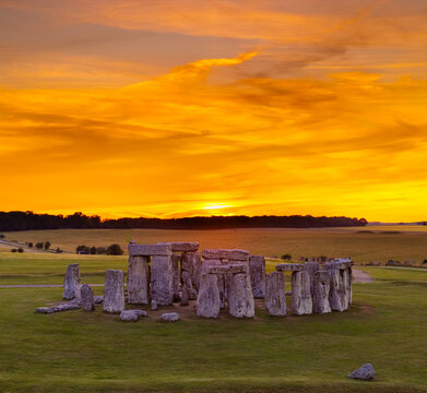 Stonehenge, Salisbury, UK, June 21, 2026; Stunning aerial view of the colorful sunset and spectacular World Heritage Site megalithic historical monument of Stonehenge stone circle, Wiltshire, England