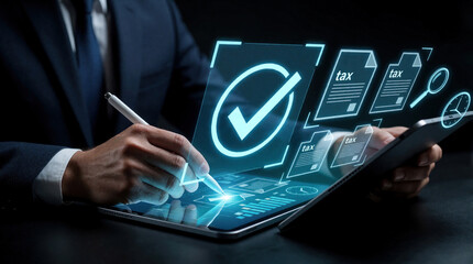 Businessman uses stylus on tablet screen displaying futuristic tax documents and checkmark. Digital compliance and accounting concept in dark office setting.