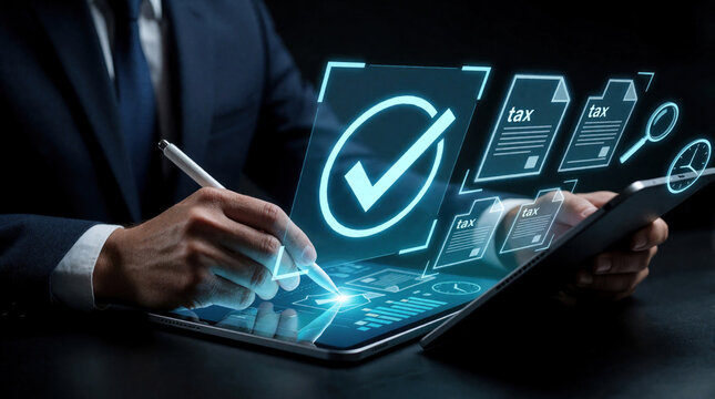 Businessman uses stylus on tablet screen displaying futuristic tax documents and checkmark. Digital compliance and accounting concept in dark office setting.