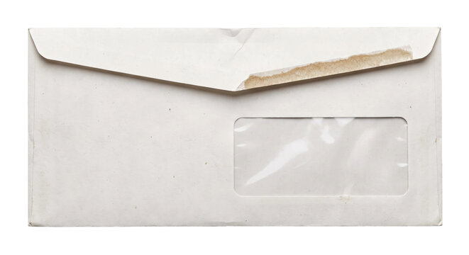 Old white paper envelope with a ripped open flap and a clear plastic window, isolated on a white background