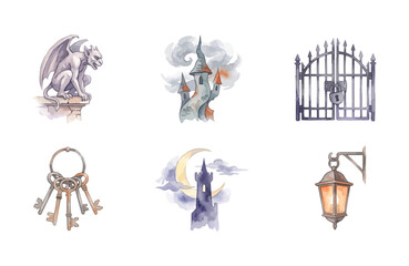 Obraz premium Watercolor Creepy Castle Building Icon Set on White Background