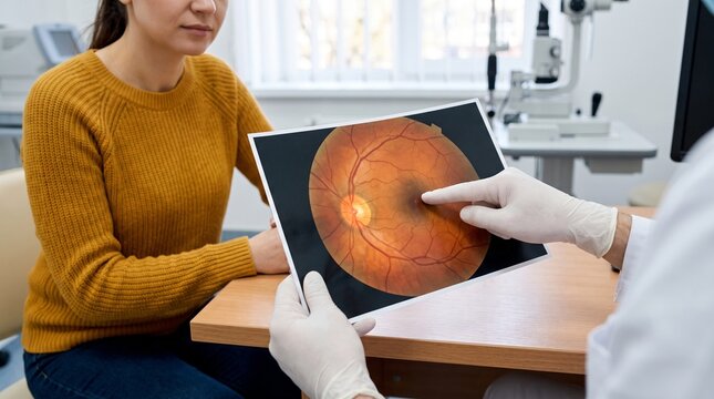 ophthalmology consultation and retinal fundus examination. eye care specialist in medical gloves pointing at retina photograph for patient in clinic. vision diagnostics and optometrist consultation.

