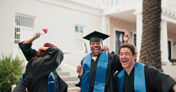 Jump, excited and face of students at graduation, college milestone and celebrate together. Portrait, dance and friends with energy for education success, academic achievement and university graduate