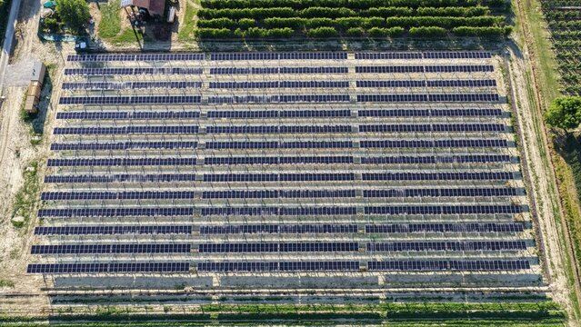 Aerial view of a large solar panel farm installed in a rural agricultural landscape with rows of crops and trees in Faenza, Emilia-Romagna, Italy.