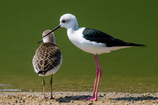 Two black and white stilts stand on sandy shore near green water. One adult bird watches juvenile stilt standing by lake. Long legged waders rest near pond.