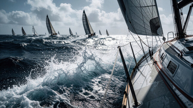 Sailboats race on choppy sea with waves splashing. Yachts compete on rough ocean water under cloudy sky. Nautical sport action with fast motion.