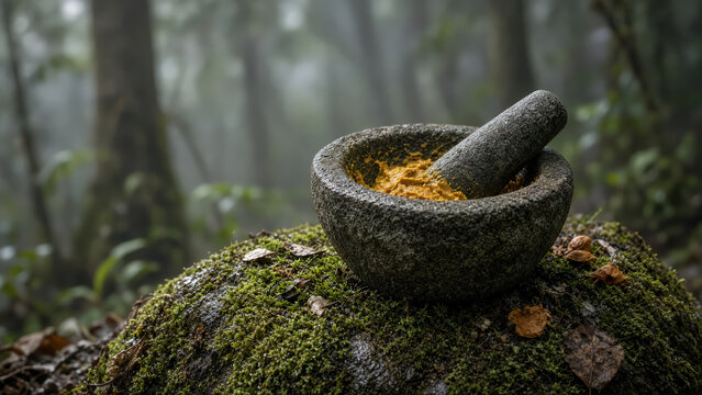 Stone Cobek Abandoned on a Mossy Forest Rock