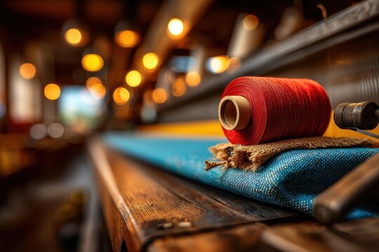 A vivid red spool of thread sits atop a textured blue fabric, highlighting the craftsmanship and detail of textile production and the rich colors of the weaving process