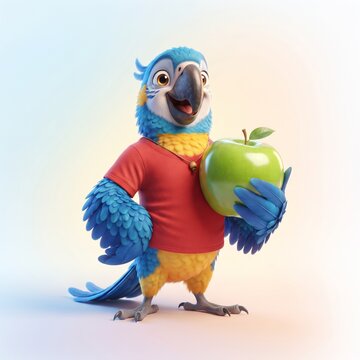 3D cute macaw bird character holding green apple healthy eating illustration