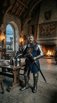 Knight in metal armor holding helmet inside stone castle hall. Historical warrior standing in medieval fortress room. Fantasy character roleplay during royal feast. Warrior concept.