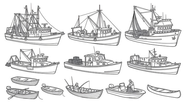 Fishing Boat Line Art Collection: Commercial Trawlers and Small Dinghies