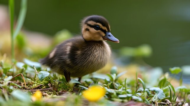 A small duckling stands alert among green grass and moss with a blurred natural background
