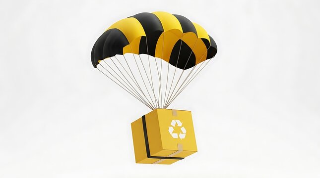 Cardboard delivery box with recycle symbol falling down attached to a yellow and black parachute isolated on white background