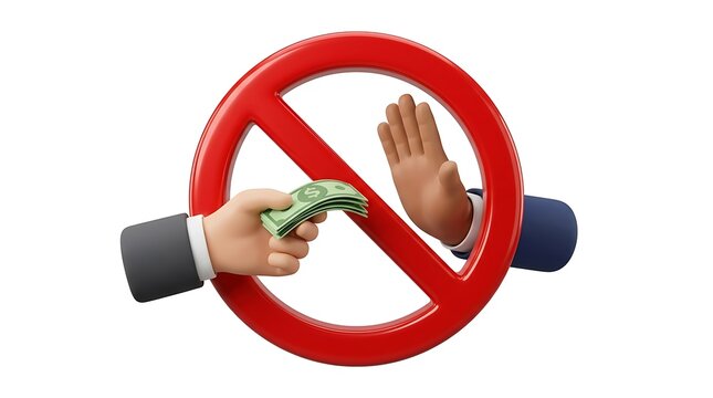 Hand refusing bribe money with forbidden red sign representing anti corruption and ethics concept isolated on white background