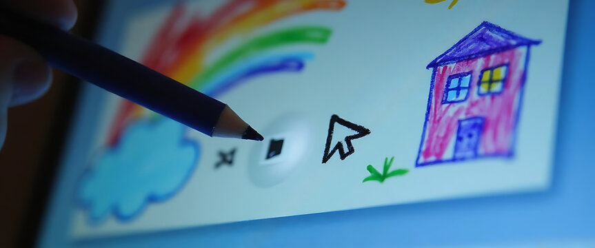 Close up of stylus drawing colorful house and rainbow on digital tablet screen.