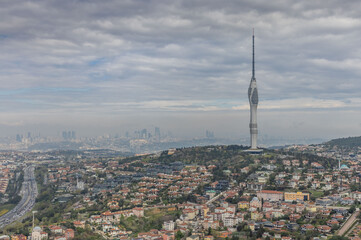 Obraz premium Panoramic view of the futuristic Camlica Tower on a hill in Istanbul, Turkey