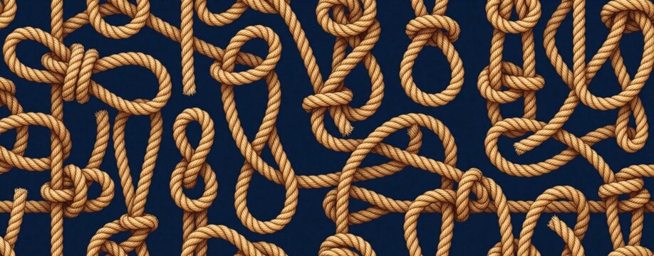 Close-up view of beige ropes tied in various knots and loops against a dark blue background. Nautical design element forms a seamless pattern, ideal for maritime or adventure themes.