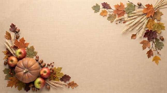 Autumn harvest corner decoration with pumpkin apples and fall leaves