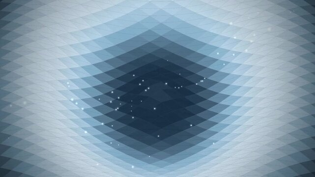 Geometric weave expands and contracts within a dark blue holographic frame.