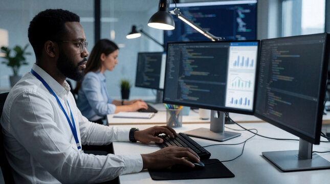 Man and woman program code on computer screens in modern office. IT professionals work at desks analyzing data charts and code for tech company project. Teamwork in software development.