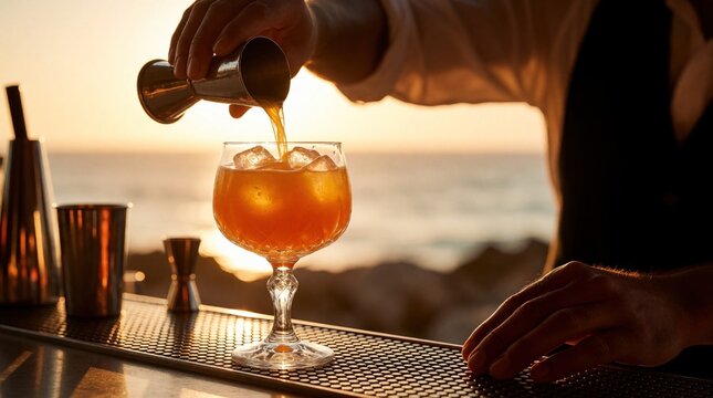 Bartender pours orange cocktail from metal jigger into crystal glass with ice. Tropical drink prepared at beach bar during golden hour sunset. Refreshing alcoholic beverage served at seaside resort