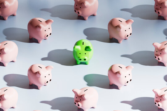 Green Piggy Bank Among Pink Piggy Banks