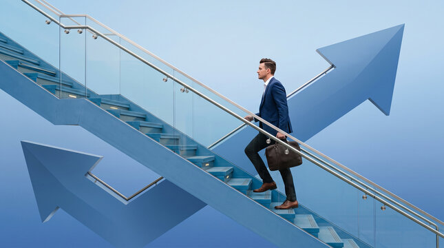 Man in suit climbing modern blue stairs with arrows symbolizing progress and success, representing career advancement and growth in business