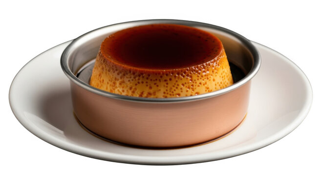 Caramel custard pudding in copper ramekin, gourmet creme caramel dessert on white plate, traditional flan with dark syrup isolated on white background