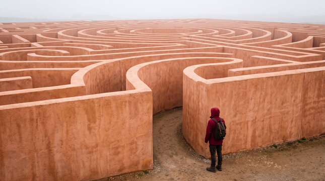 A lone figure stands at the entrance of a vast, circular maze made of reddish-orange walls, symbolizing challenge, exploration, and seeking a way forward