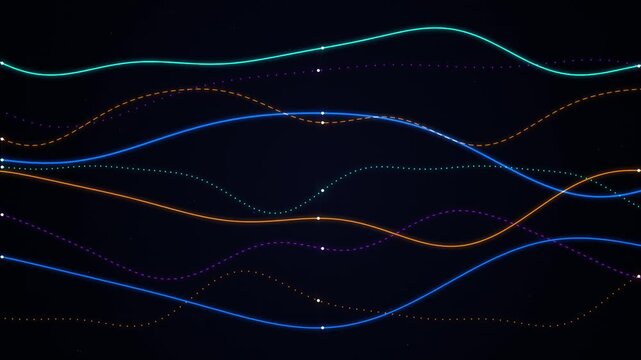 Neon glowing wave lines interface abstract background, futuristic sound waves and audio equalizer visualization motion graphics concept.