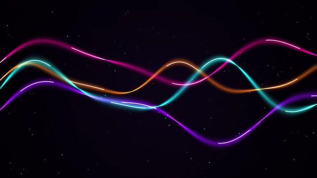 Neon wave light lines moving on dark space background abstract futuristic digital sound wave animation.