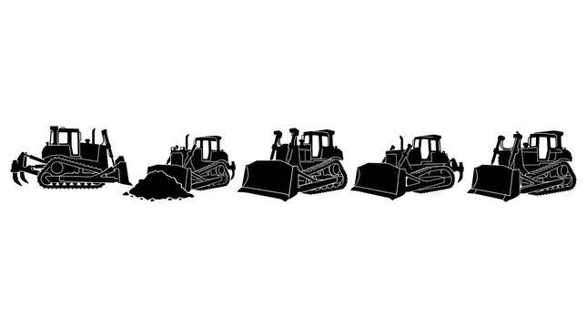 Solid Black Silhouettes of Heavy Construction Bulldozers with Front Blades on White Background