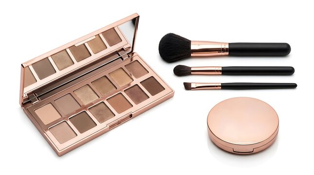 Eyeshadow palette with makeup brushes and a pink powder compact case for beauty and face cosmetics