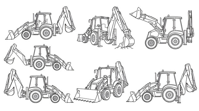 Vector Outline Collection of Tractor Backhoe Loader Machinery Line Art Illustrations